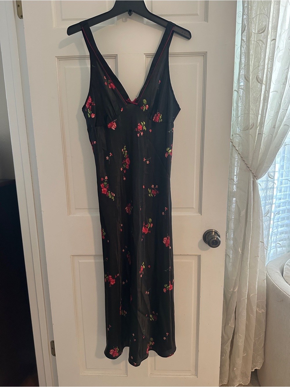 Vintage black satin slip nightgown featuring a red and pink floral pattern, L